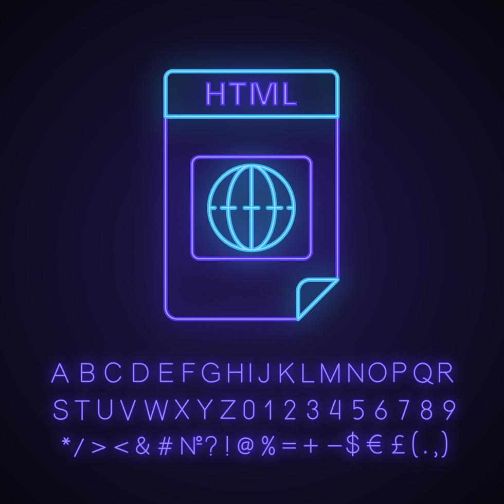 Symbol für Neonlicht im HTML-Dateiformat. Hypertext-Auszeichnungssprache. gespeicherte Webseitendatei. leuchtendes zeichen mit alphabet, zahlen und symbolen. vektor isolierte illustration