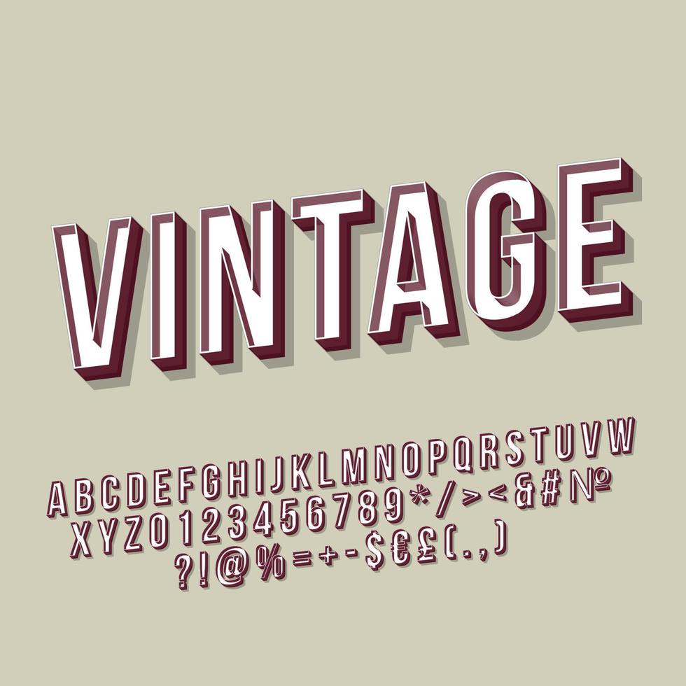 Vintage 3D-Vektor-Schriftzug. retro fette schrift, schriftbild. Pop-Art-stilisierter Text. buchstaben, zahlen, symbole im alten schulstil. 90er, 80er Poster, Banner, Typografie-Design. grauer Hintergrund vektor