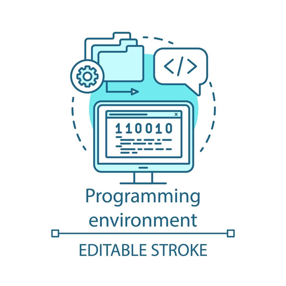 Programmierumgebung, Symbol für das Konzept der Programmiersprache. softwaretechnik, app-entwicklungsidee dünne linienillustration. Fehlerbehebung, Skripterstellung. Vektor isoliert Umrisszeichnung. editierbarer Strich