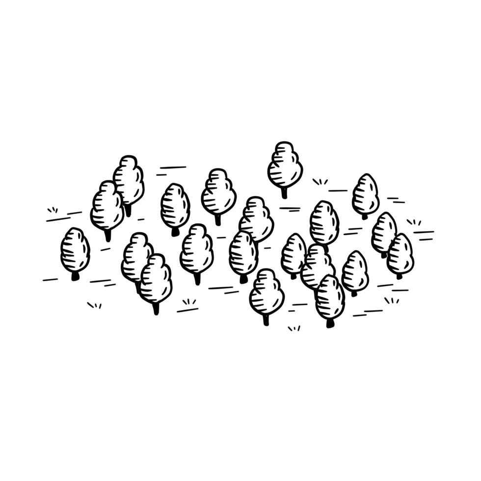 skiss skog för karta. handritade träd. parkområde. naturligt landskap. doodle kontur tecknad vektor