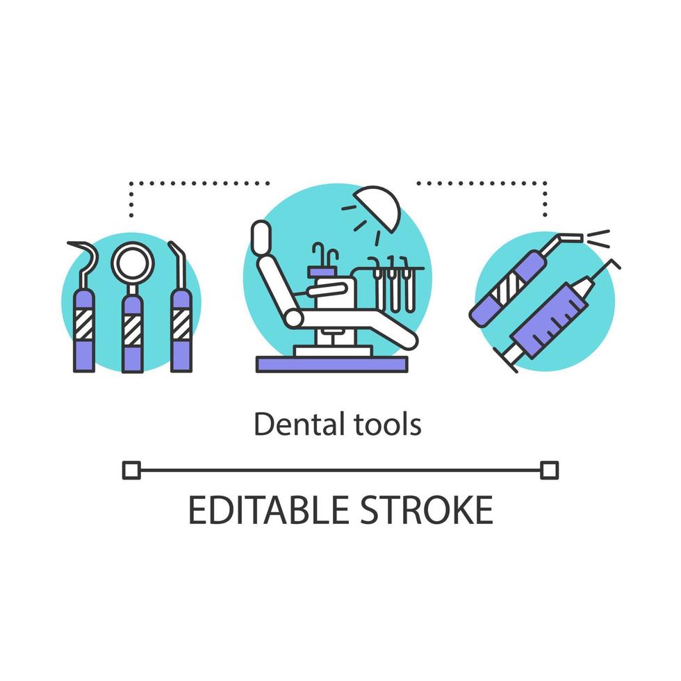 tandvårdsanläggningar koncept ikon. modern tandvård. stomatologisk stol och instrument. klinik kontorsutrustning idé tunn linje illustration. vektor isolerade konturritning. redigerbar linje