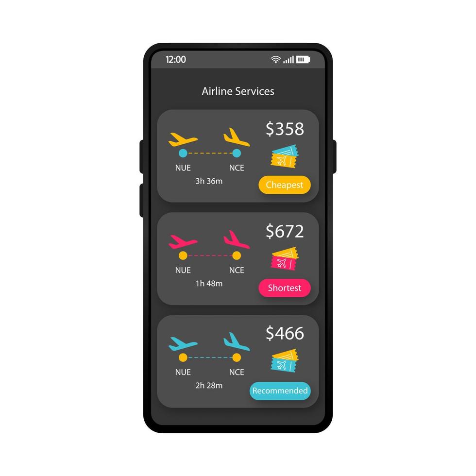 Airline-Services-App-Smartphone-Schnittstellenvektorvorlage. mobile flugtickets buchung app seite schwarzes designlayout. billigster, kürzester Ticketbildschirm. flache ui last minute fluganwendung vektor