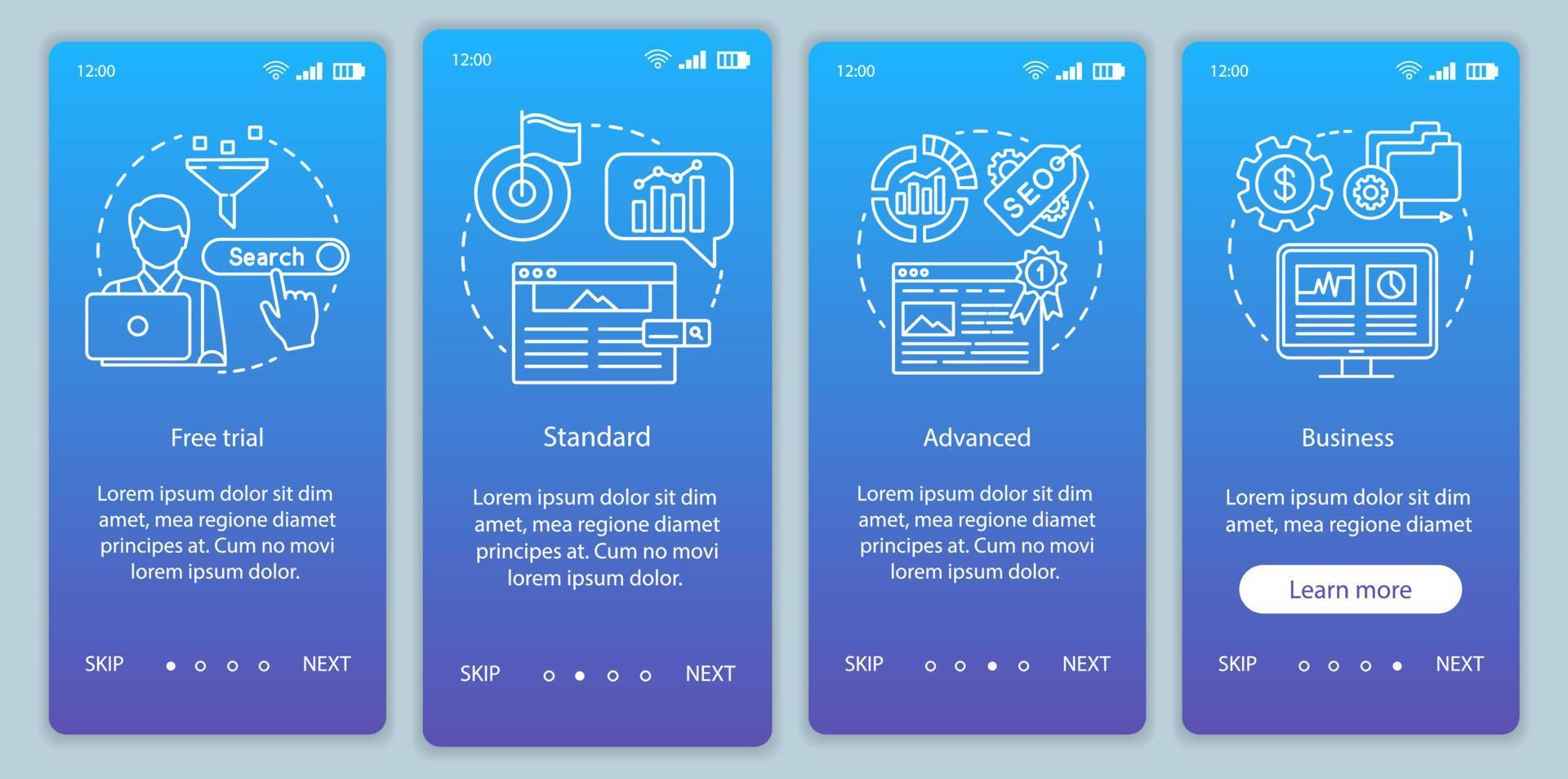 SEO sökordsverktyg prenumeration onboarding mobil app sida skärm vektor mall. genomgång av webbplatssteg med linjära illustrationer. standardtaxa. ux, ui, gui smartphone gränssnitt koncept