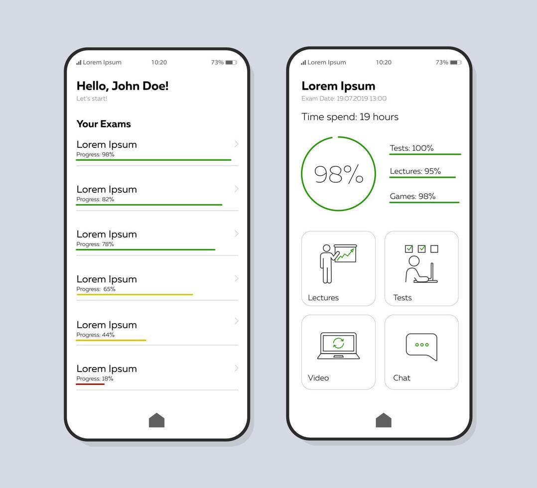 Vektorvorlage für die Smartphone-Schnittstelle des Prüfungsmanagers. Farbdesign-Layout für mobile App-Seiten. Fortschrittsbewertungsbildschirm. lineare Benutzeroberfläche für die Anwendung. studienzeitorganisator, planertelefonanzeige vektor