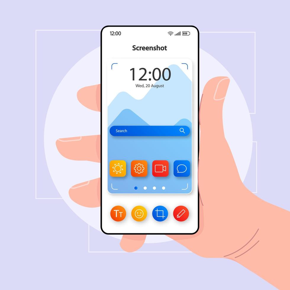 Screenshots mit Vektorvorlage für die Smartphone-Schnittstelle. Farbdesign-Layout für mobile App-Seiten. Fokusbildschirm der Kamera. flache Benutzeroberfläche für die Anwendung. hand, die telefon mit dem machen des bildschirmfotowerkzeugs auf dem display hält vektor