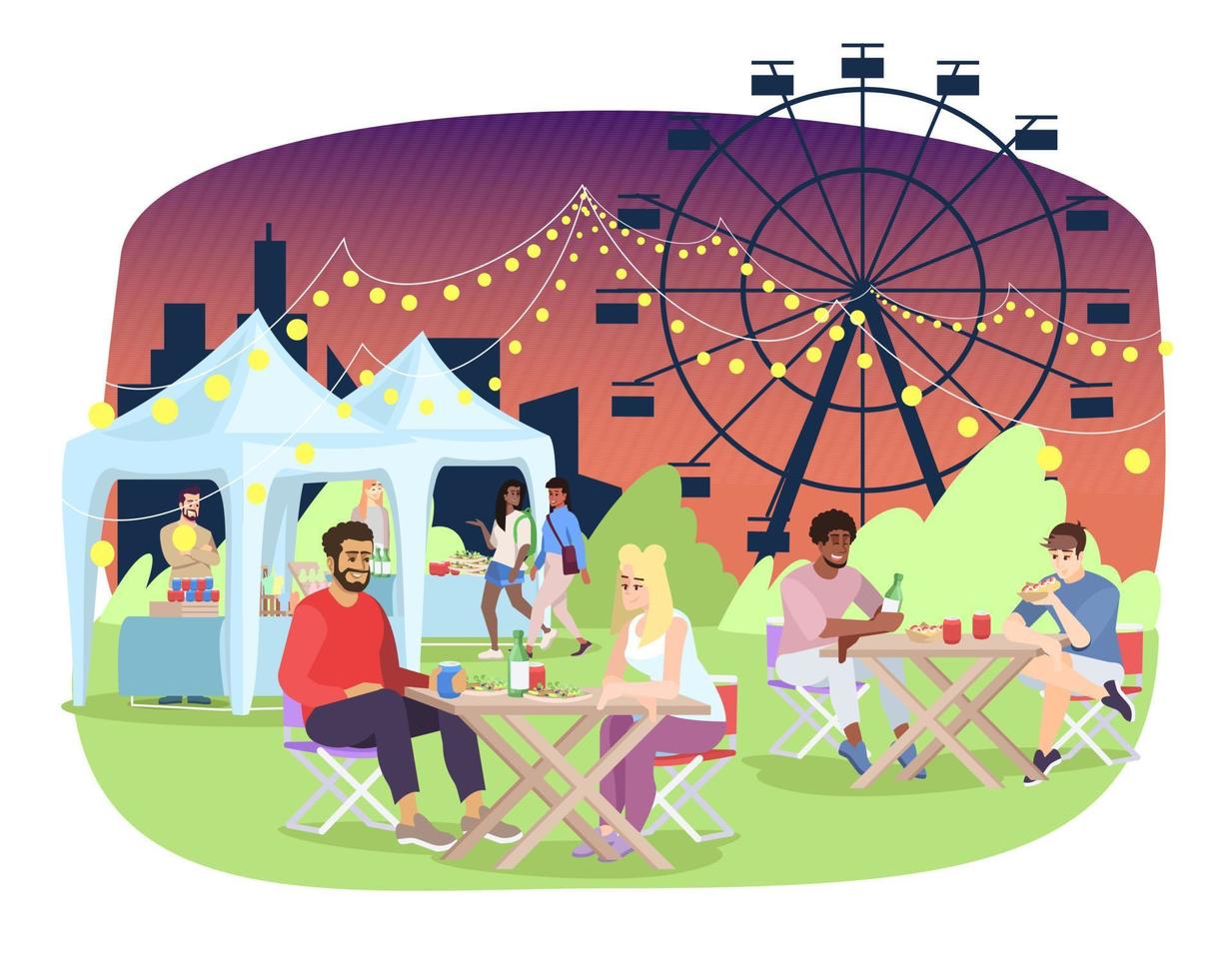 flache vektorillustration der sommernachtmesse. Vergnügungspark, Kirmes, Karneval, Festivalunterhaltung. paar essen im café im freien auf dem rummelplatz zeichentrickfiguren. Essensstände und Riesenrad vektor