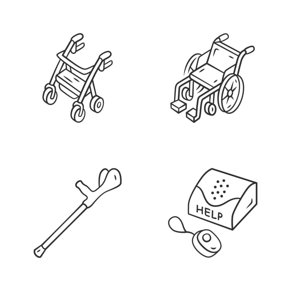 Deaktivierte Geräte lineare Symbole gesetzt. Rollator, manueller Rollstuhl, Unterarmgehstütze, persönliches Notrufsystem. dünne Linienkontursymbole. isolierte vektorumrissillustrationen. editierbarer Strich vektor