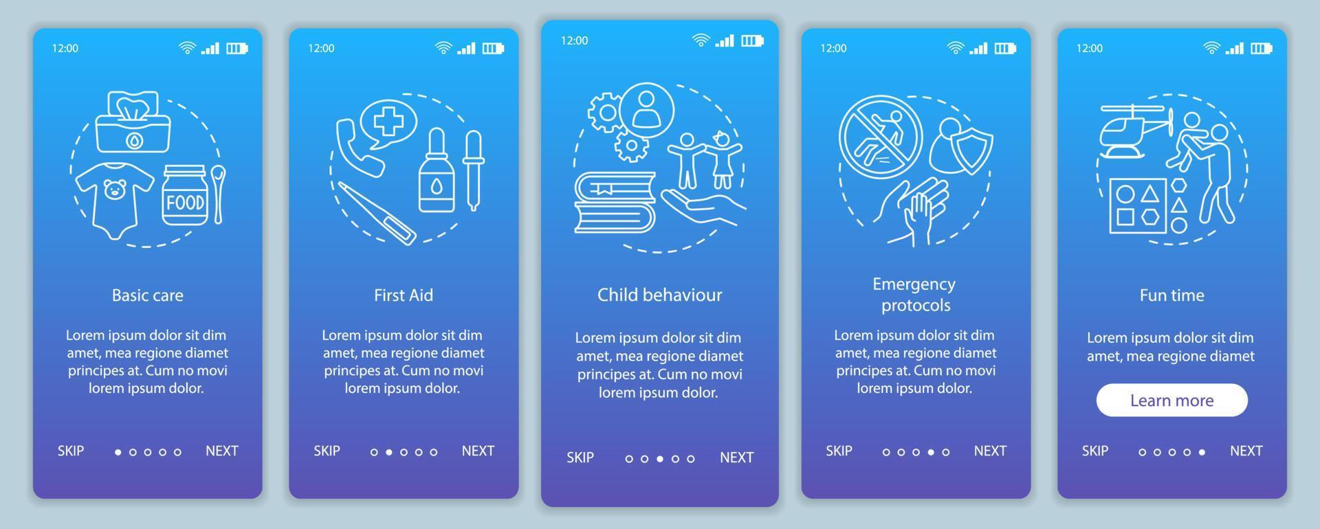 barnvaktskurser onboarding mobil app sida skärm vektor mall. barnomsorgstjänster. genomgång av webbplatsens steg. pediatrik. program för barnomsorgsklasser. ux, ui, gui smartphone gränssnitt koncept