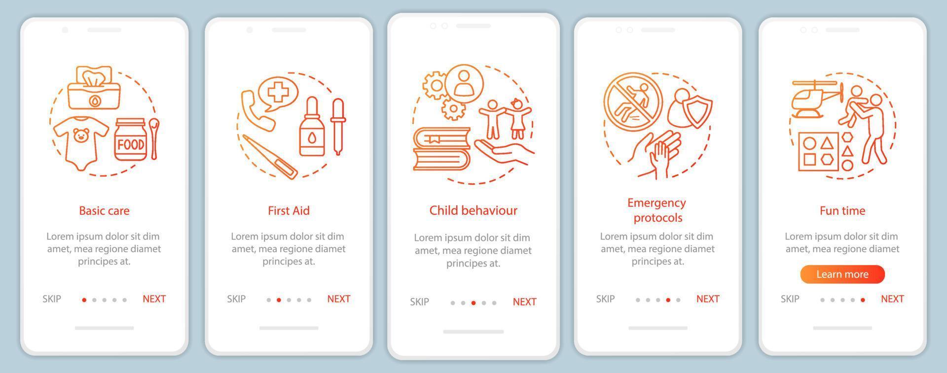 barnpassning utbildning onboarding mobil app skärm vektor mall. barnomsorgskurser. genomgång av webbplatsens steg. pediatrik. barnskötare utbildningsprogram. ux, ui, gui smartphone gränssnitt koncept