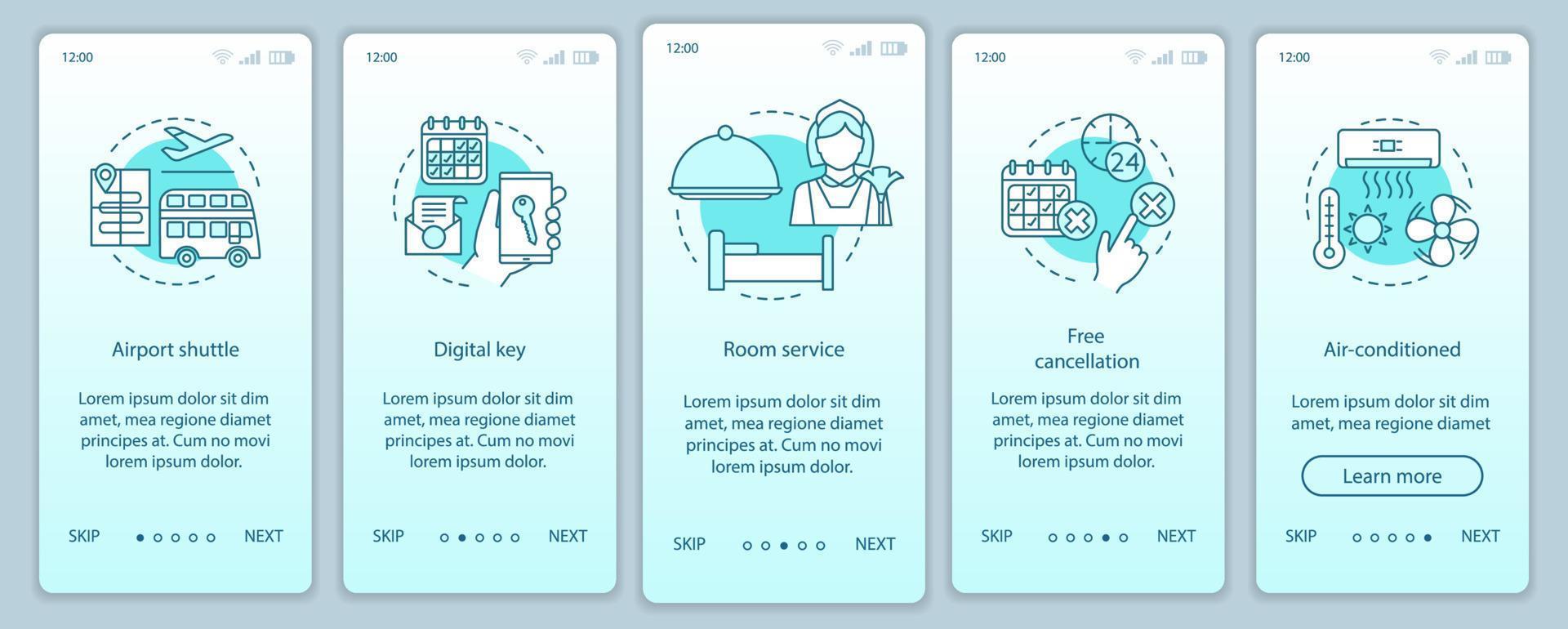 hotelltjänster onboarding mobil app sida skärm vektor mall. flygplatstransfer, gratis avbokning. genomgång av webbplatssteg med linjära illustrationer. ux, ui, gui smartphone gränssnitt koncept