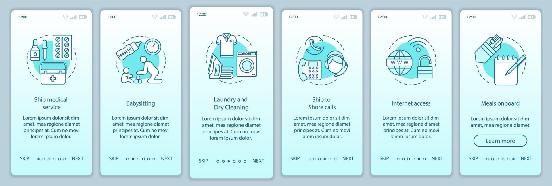 kreuzfahrteinrichtungen beim onboarding der mobilen app-seitenbildschirm-vektorvorlage. medizinischer Dienst, Babysitter, Wäscherei. Walkthrough-Website-Schritte mit linearen Illustrationen. ux, ui smartphone-schnittstellenkonzept vektor