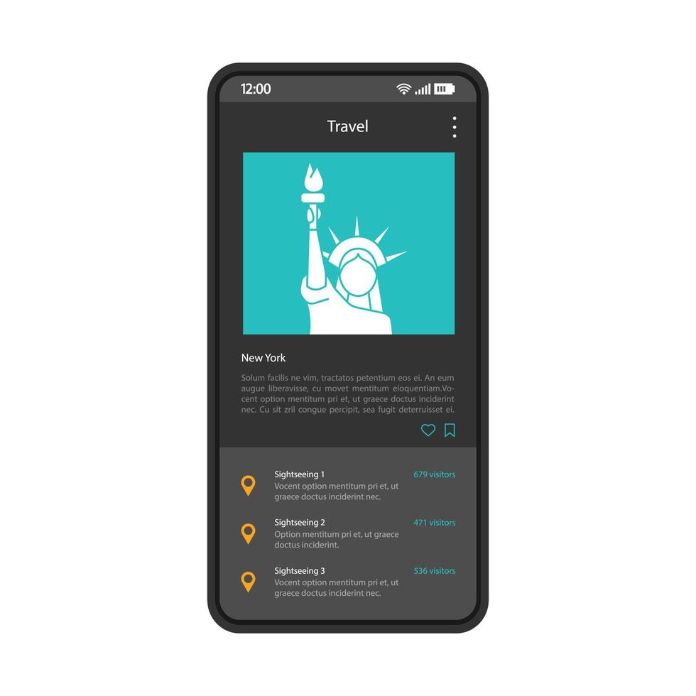 Reiseblog-Schnittstellenvektorvorlage. Seitendesign-Layout für mobile Apps. Kontobildschirm für soziale Netzwerke mit Beitrag. New Yorker Sehenswürdigkeiten. Fotoinhalt. flache Benutzeroberfläche für die Anwendung. Telefondisplay mit Newsfeed vektor
