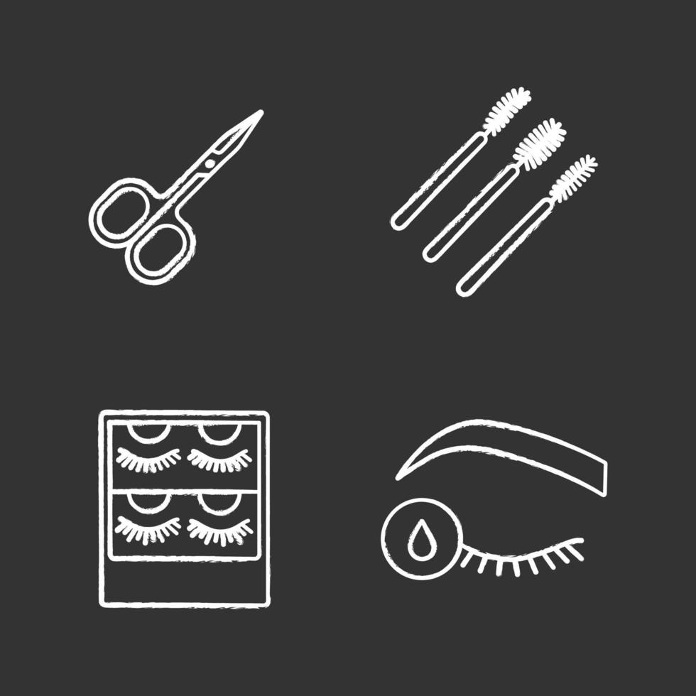 Kreidesymbole für Wimpernverlängerung gesetzt. Scheren, Einweg-Wimperntuschestifte, Verpackungen für falsche Wimpern, Grundierung für die Wimpernverlängerung. isolierte vektortafelillustrationen vektor