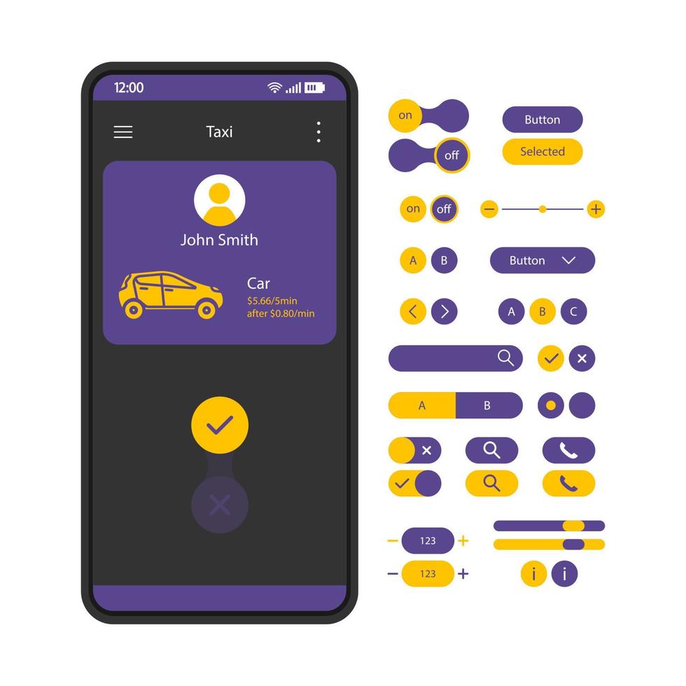 bil leasing app gränssnitt vektor mall. mobil samåkning applikations layout layout. biluthyrningsskärm. taxi beställning. platt ui. telefondisplay med knappsats