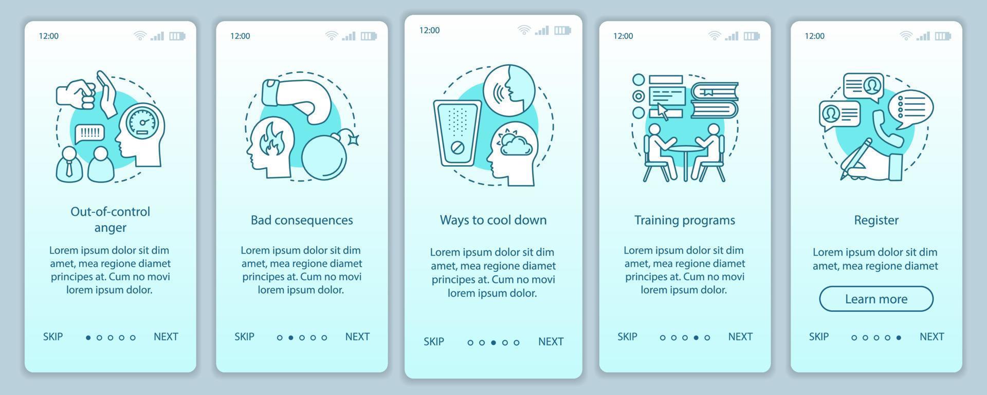 Aggressionsmanagement beim Onboarding der mobilen App-Seitenbildschirm-Vektorvorlage. außer Kontrolle geratene Wut, Abkühlungswege. Walkthrough-Website-Schritte mit linearen Illustrationen. ux, ui, gui smartphone-schnittstellenkonzept vektor