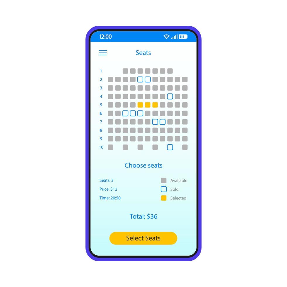 Filmplätze buchen Smartphone-Schnittstelle Vektorvorlage. blaues designlayout der mobilen app-seite. Auswahlbildschirm für Theater, Konzertorte. flache Benutzeroberfläche für die Anwendung. Telefonanzeige für Online-Ticketreservierung vektor