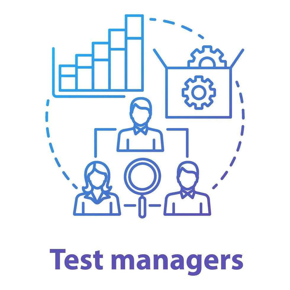 Symbol für das Konzept von Testmanagern. dünne linienillustration der softwareentwicklungsidee. App-Programmierung. Überprüfung der Systemfunktion. it-Projektmanagement-Team. Vektor isoliert Umrisszeichnung