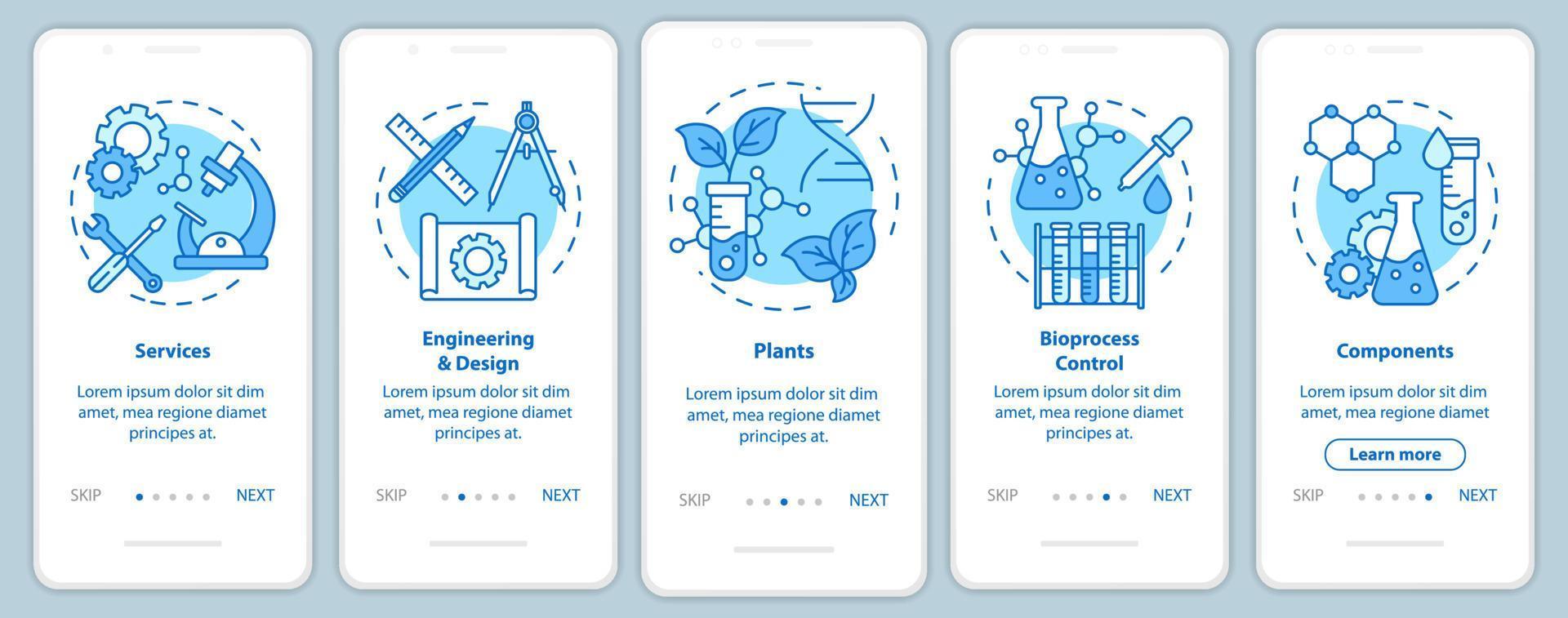 bioteknik onboarding mobil app sidskärm med linjära koncept. fem genomgångssteg grafiska instruktioner. tjänster och anläggningar, komponenter. ux, ui, gui vektormall med illustrationer vektor