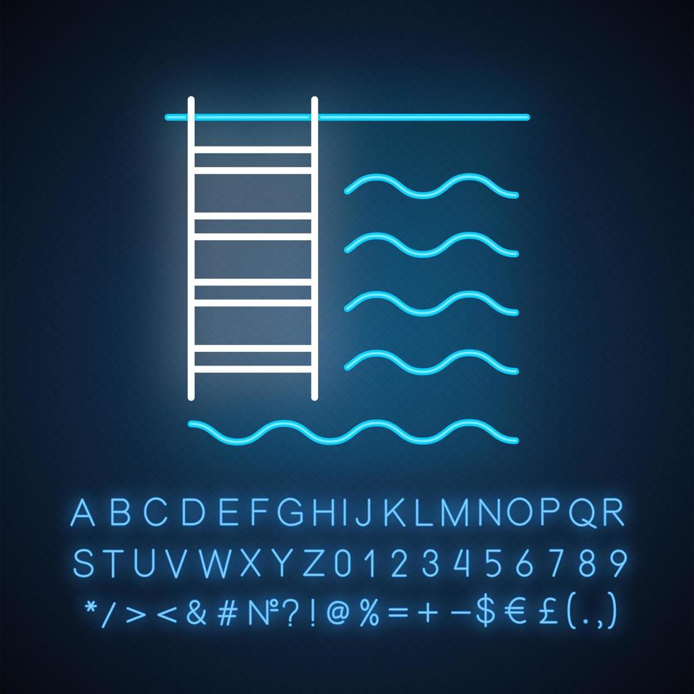 pool neonljus ikon. vatten och stege. badning. Vattenland. auatiska anläggningar. lägenhetsbekvämligheter. glödande tecken med alfabet, siffror och symboler. vektor isolerade illustration