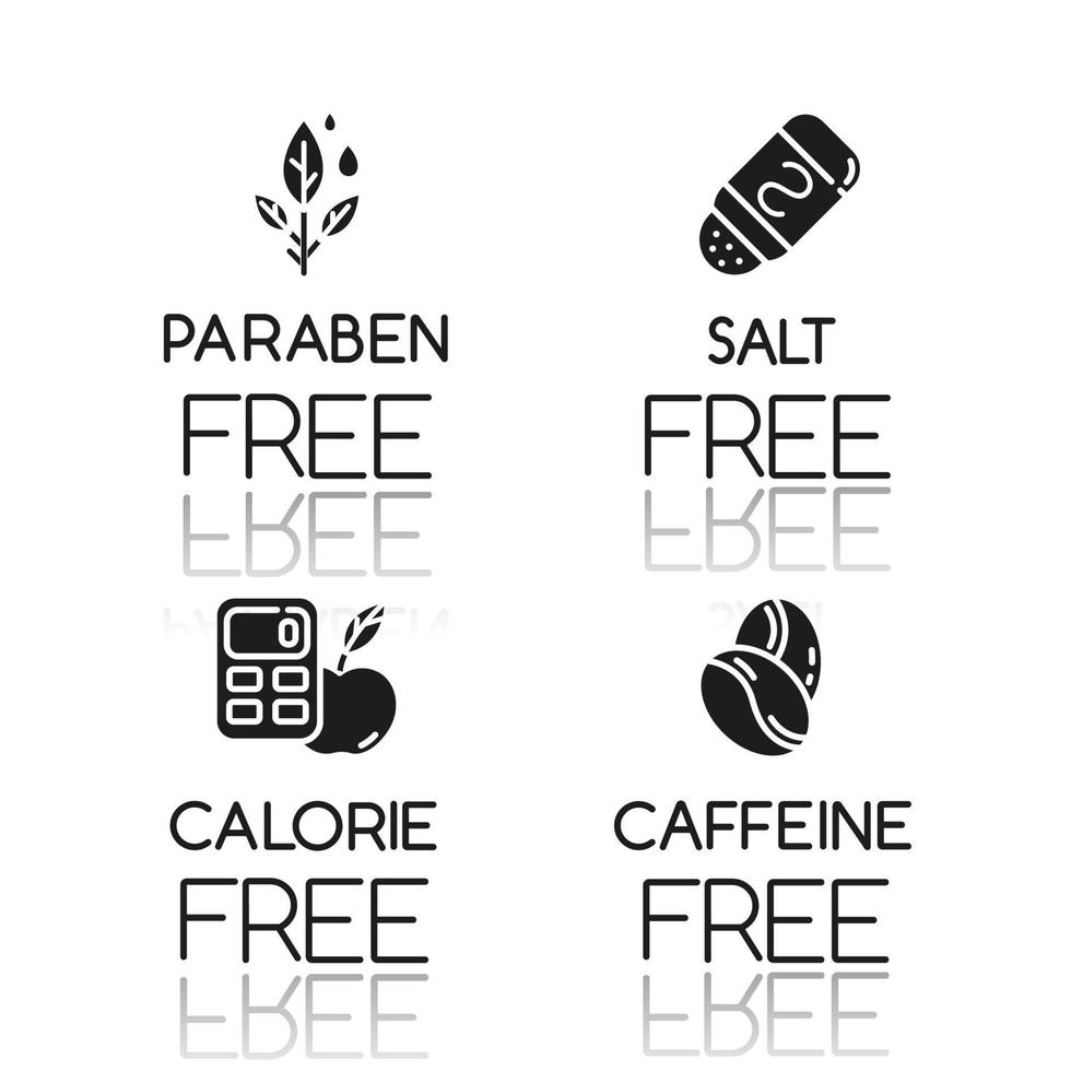 produkt gratis ingrediens drop shadow svart glyph ikoner set. inga parabener, salt, kalorier, koffein. ekologisk hälsosam mat. måltider med lågt kaloriinnehåll. kost utan allergener. isolerade vektorillustrationer vektor