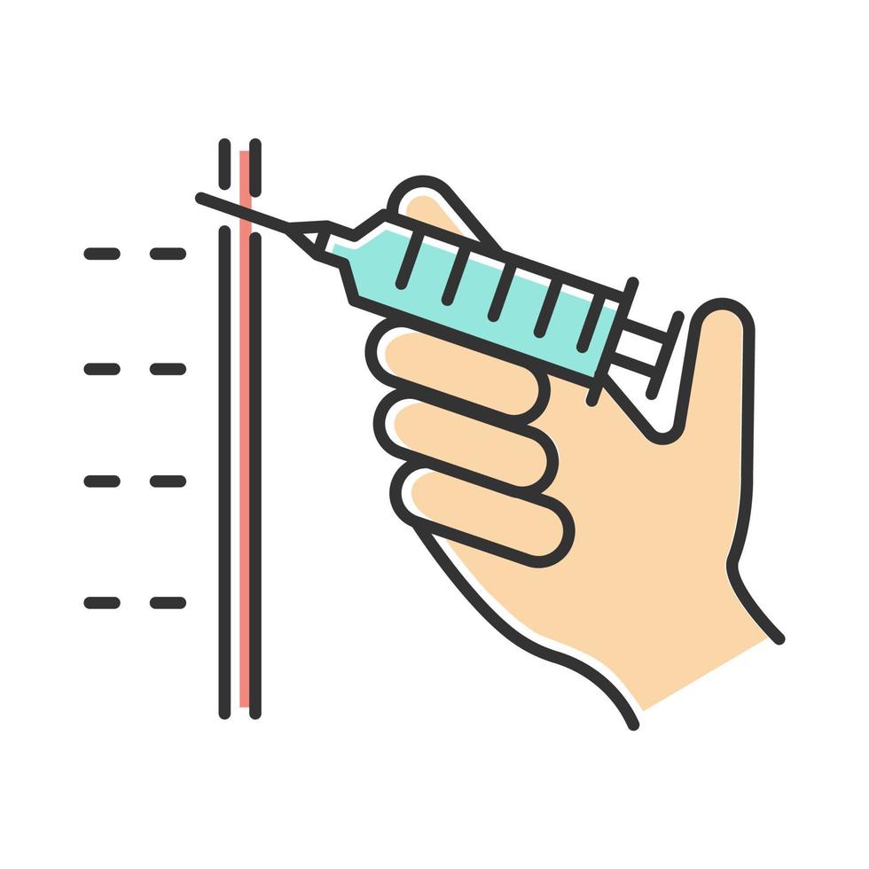 injektion färg ikon. spruta med vaccin. immunisering. professionell medicinsk procedur. klinisk behandling. sjukdomsprevention. sjukhustjänster. kosmetiskt fyllmedel. isolerade vektor illustration