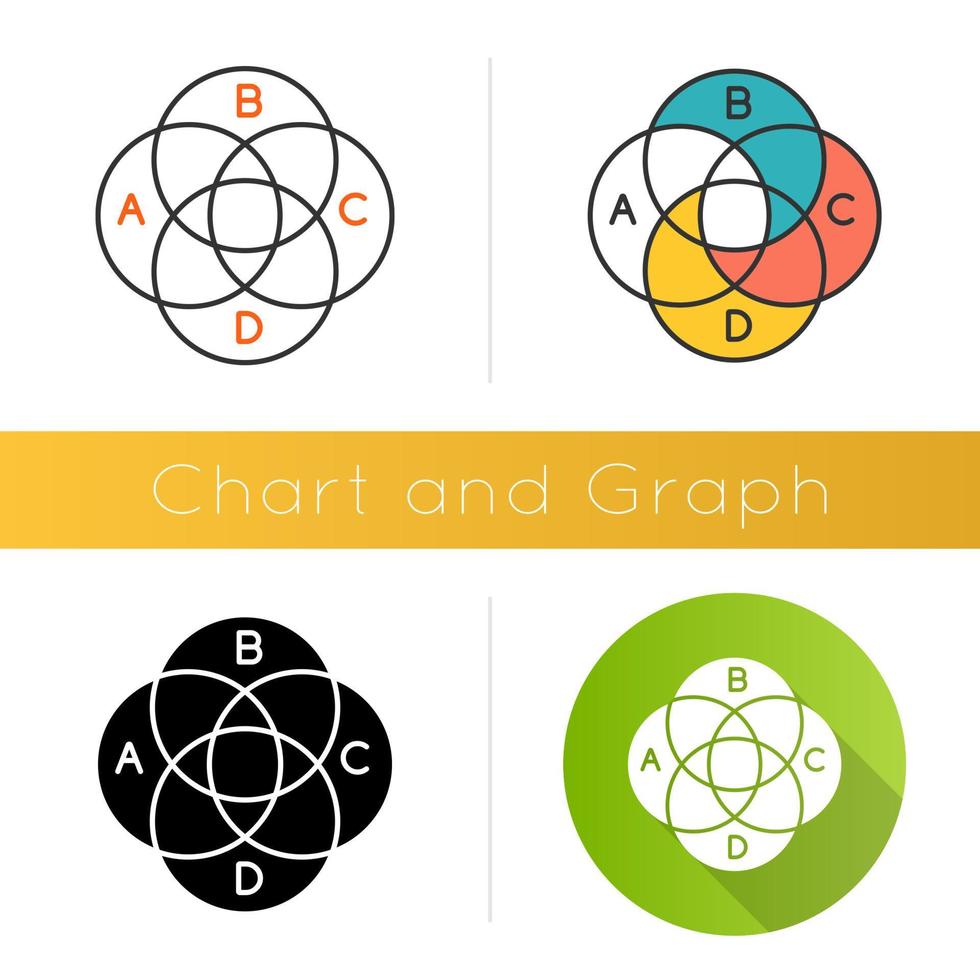 venn diagram ikon. runda diagram med cirkulära segment. överlappande cirklar. sammanflätad graf. marknadsföringspresentation. företag. platt design, linjär och färgstilar. isolerade vektorillustrationer vektor