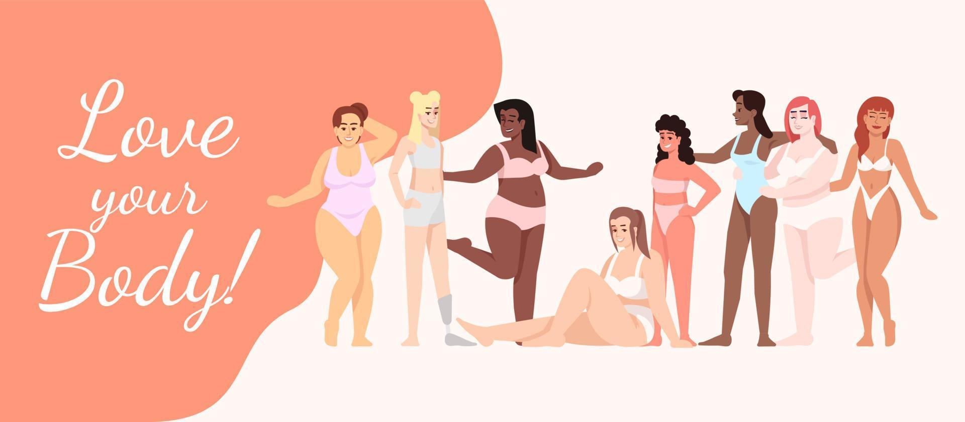älskar din kropp platt affisch vektor mall. kvinnor klädda i baddräkter seriefigurer på vitt och orange. leende damer. banner, broschyrsida, broschyrdesignlayout med plats för text