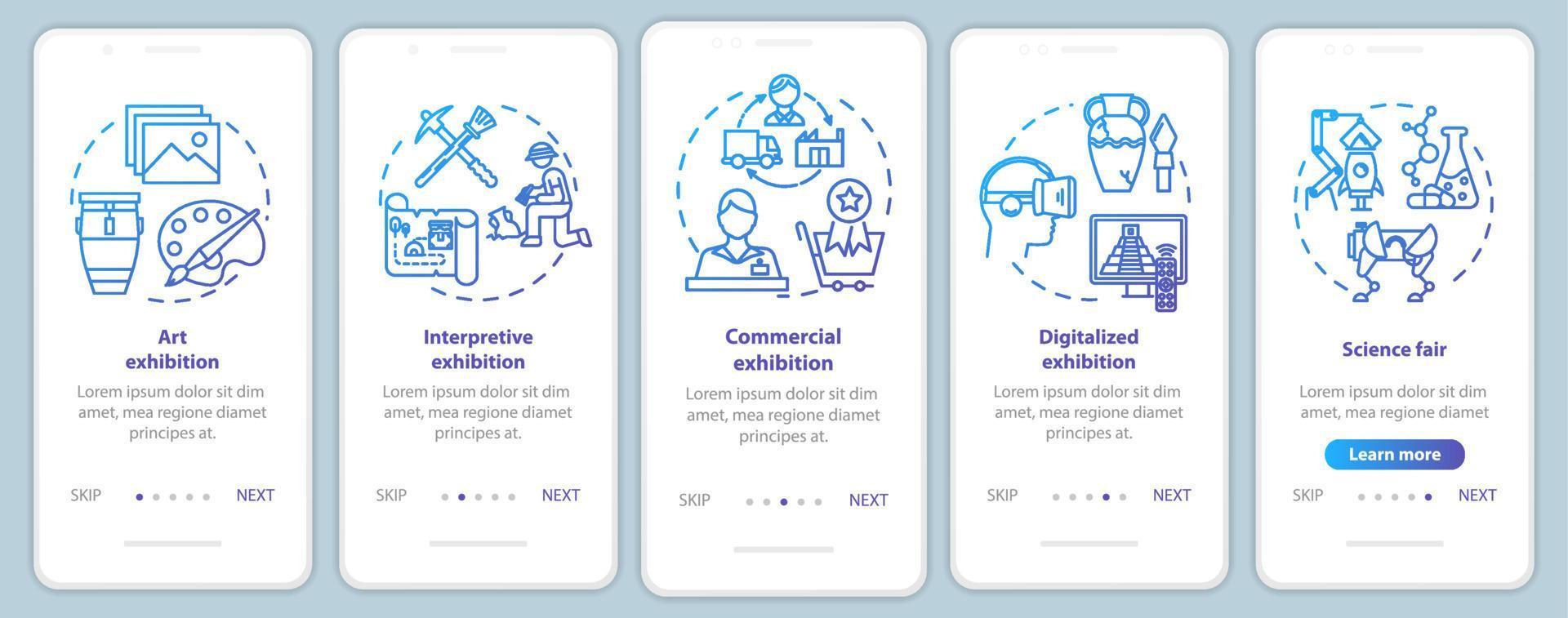 ausstellungs- und museums-onboarding-mobile-app-seitenbildschirm-vektorvorlage. Exposition. Wissenschaftsmesse. Walkthrough-Website-Schritte mit linearen Illustrationen. ux, ui, gui smartphone-schnittstellenkonzept vektor