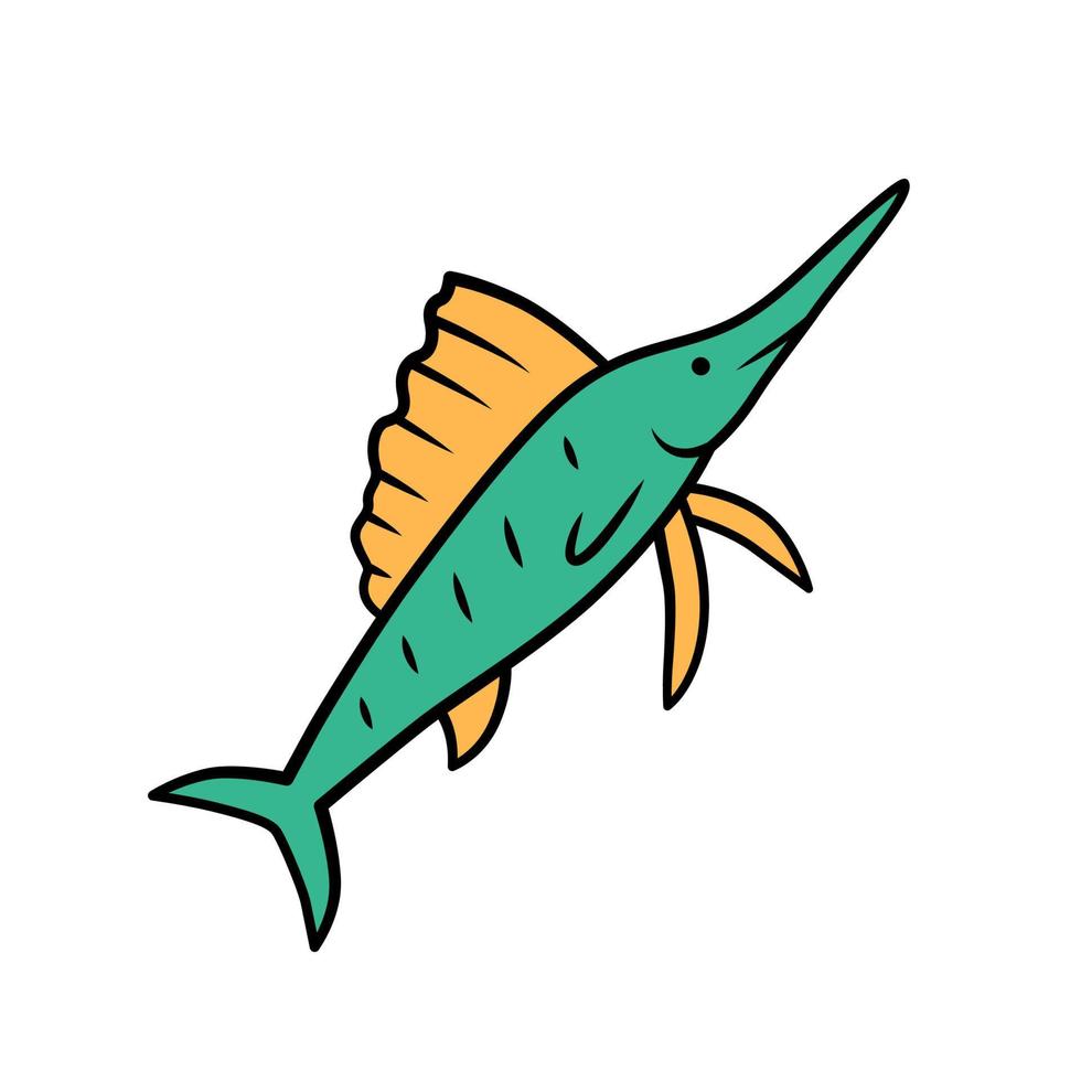 Segelfisch grünes Farbsymbol. schwimmender Fisch mit scharfer langer Nase. unterseeisches schwertfischtier. Angeln. Wasserlebewesen. Meeresnatur. Meeresfauna, Meeresbewohner. isolierte vektorillustration vektor