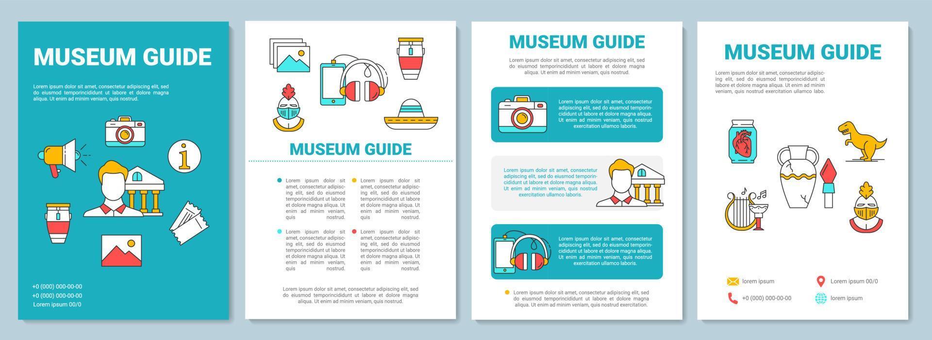 museum guide broschyr mall. utställningsguidebok. flygblad, häfte, broschyrtryck, omslagsdesign med linjära ikoner. vektor sidlayouter för tidskrifter, årsredovisningar, reklamaffischer