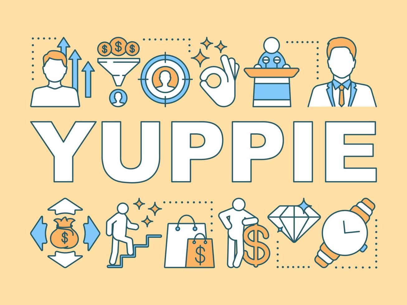 yuppie ord begrepp banner. ung urban professionell. affärsperson. lyxigt boende. presentation, hemsida. isolerade bokstäver typografi idé med linjära ikoner. vektor kontur illustration