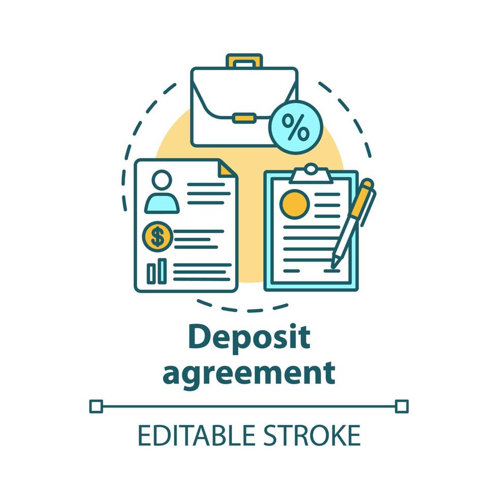 Symbol für das Konzept der Hinterlegungsvereinbarung. sparidee dünne linie illustration. Unterzeichnung des Bankvertrags, rechtliche Dokumentation. Finanzvertrag erstellen. Vektor isoliert Umrisszeichnung. editierbarer Strich