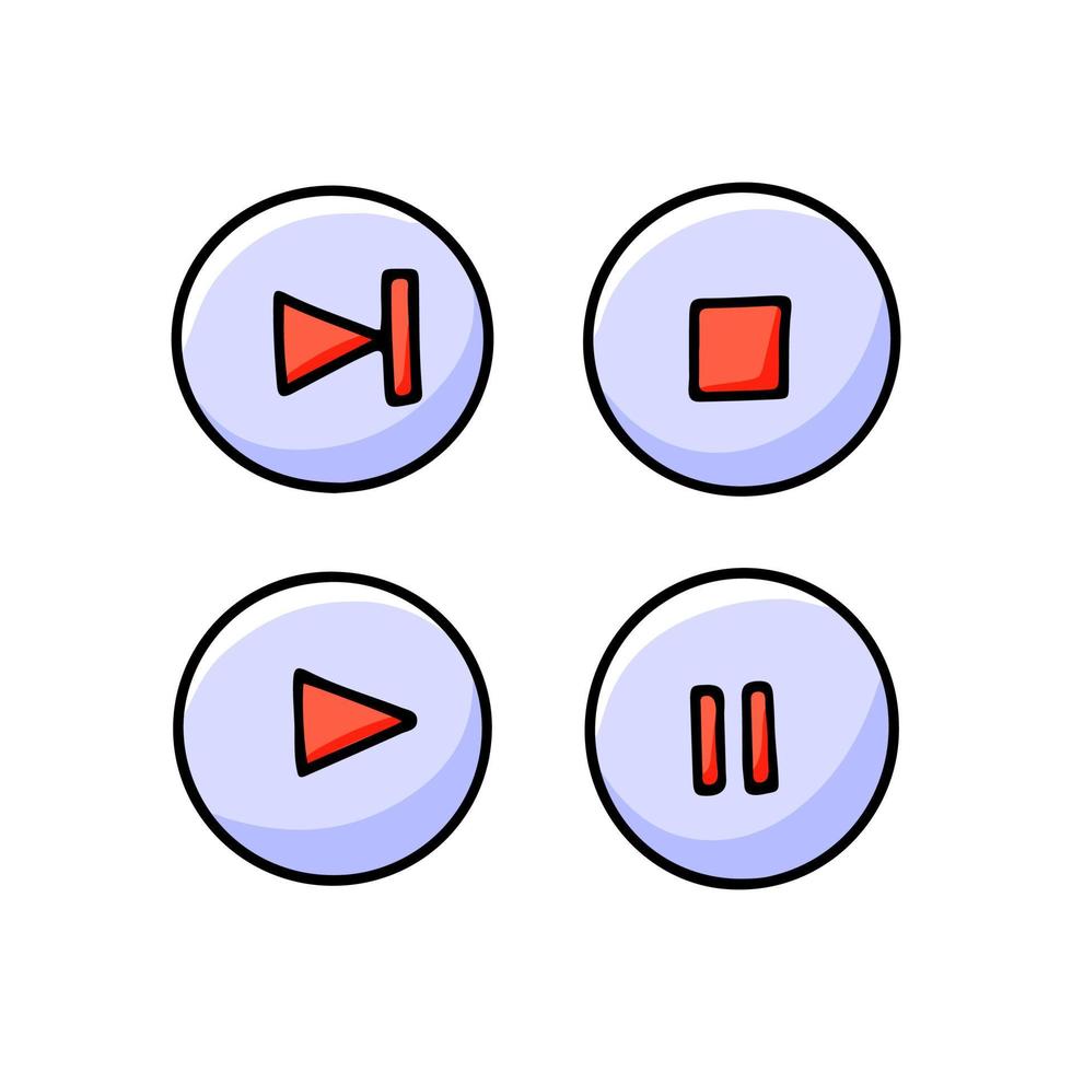 handgezeichnete Media-Player-Schaltflächen - Wiedergabe, Stopp, Pause, Rücklauf. vektorillustration von musikikonen im gekritzelstil. vektor