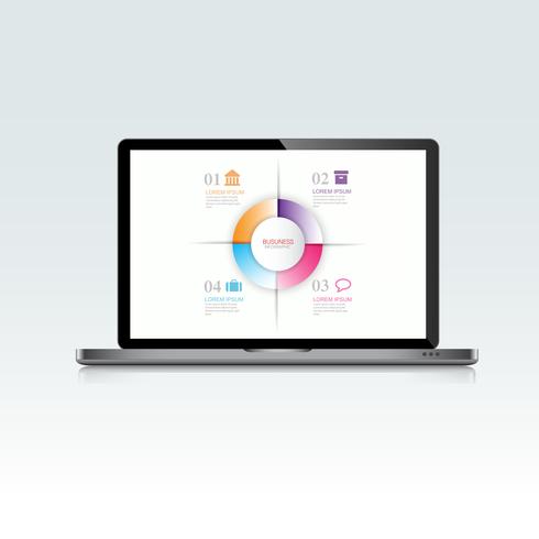 Computerlaptop mit infographic auf Schirm, 3d und flachem Vektor entwerfen Illustration für die benutzte Netzfahne oder -darstellung