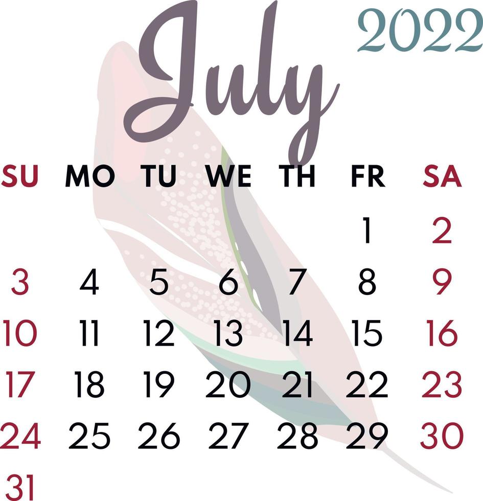 månadskalender juli 2022 vektor