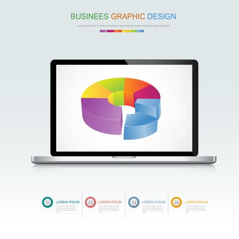 Dator bärbar dator med affärsdiagram på skärmen, 3d och platt vektor design illustration för webb banner eller presentation som används