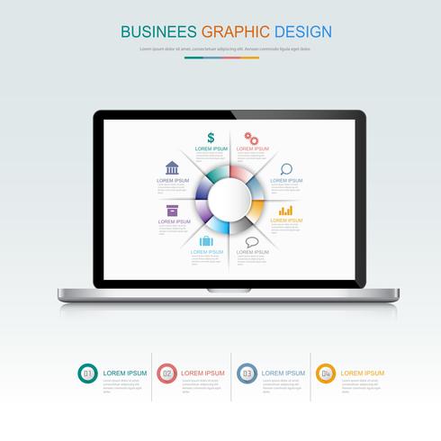 Computerlaptop mit Geschäftsdiagramm auf Schirm, 3d und flachem Vektor entwerfen Illustration für die verwendete Netzfahne oder -darstellung