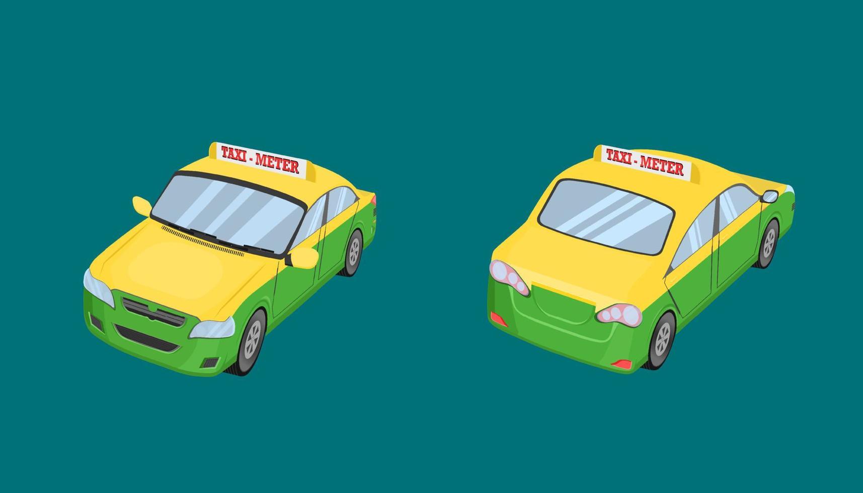 3D-thailändisches Taxi Cap Auto Vorderseite Rückseite Ansicht Transport Service Personenkraftwagen Typ gelb grün Vektor Illustration eps10