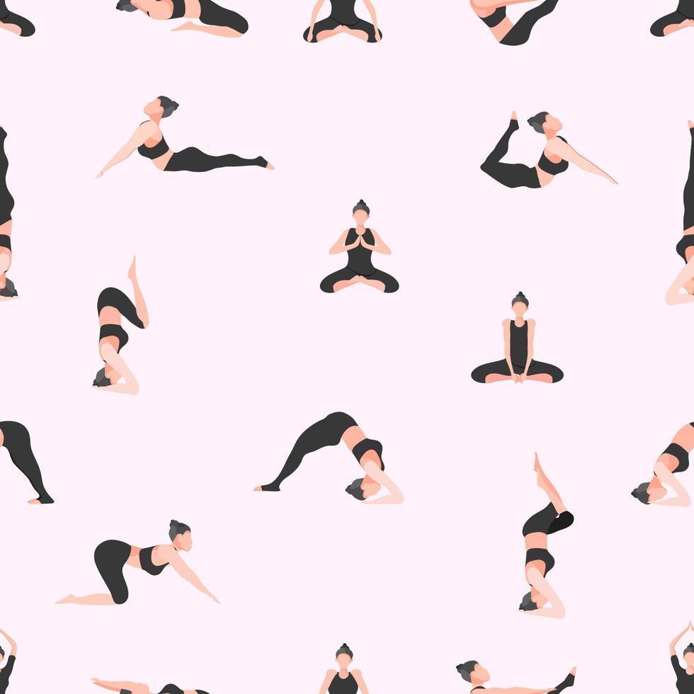 mönster sömlös uppsättning av yoga. pose fitness flicka svart uniform. vektor illustration eps10