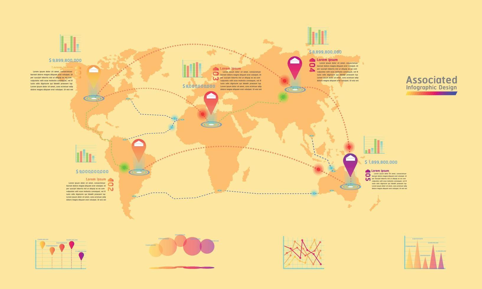 verbundenes unternehmen fabrik weltkarte mark punkt infografik design mit zusammenfassung diagramm daten eierton vektor illustration eps10