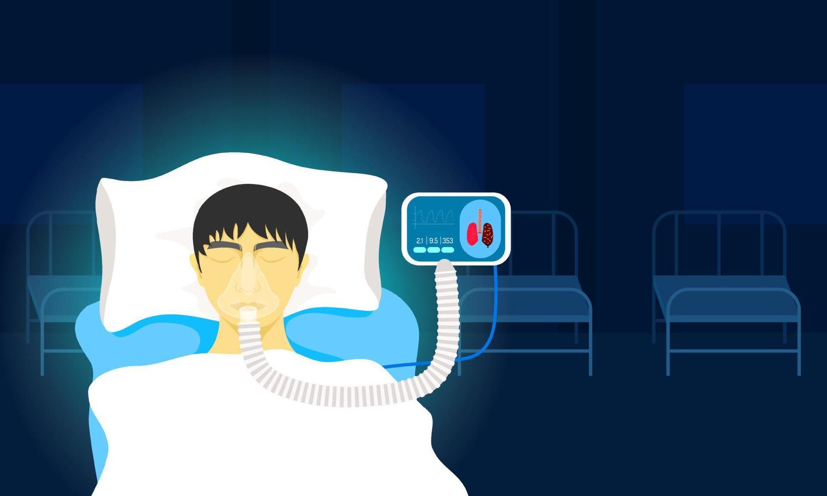 lungcancerpatienten sover på sängen på sjukhuset. använd en andningsapparat för att få hjälp att andas. vektor illustration eps10