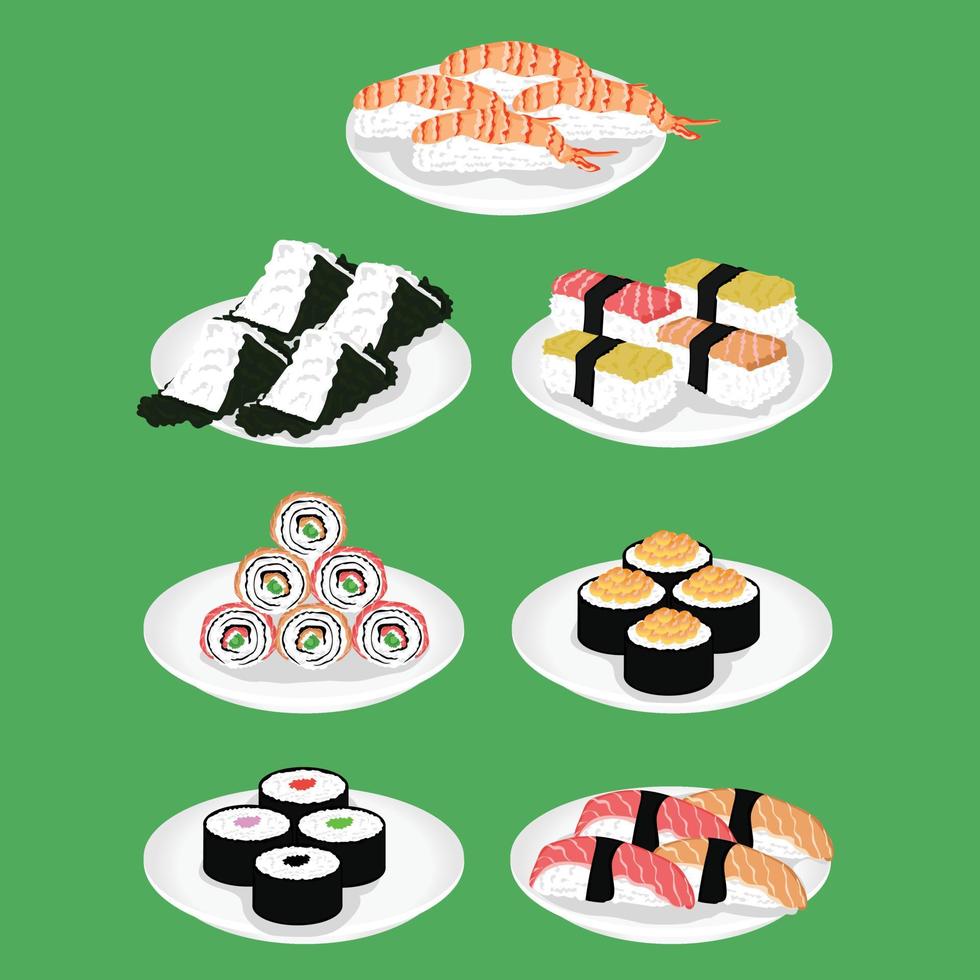 Sushi ist ein japanisches Gericht aus speziell zubereitetem Essigreis, Vektorgrafik eps10 vektor