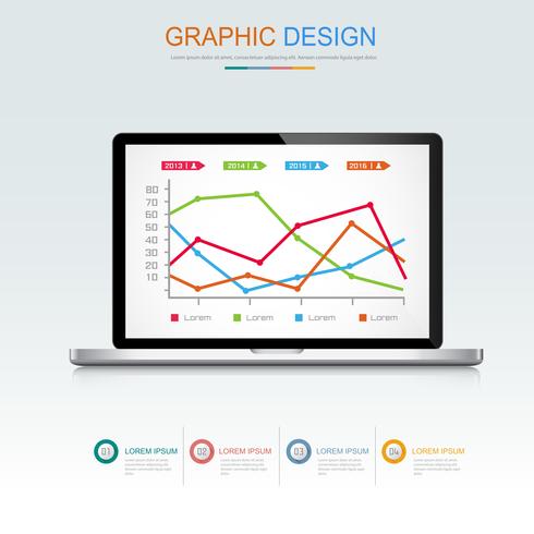 Dator bärbar dator med affärsdiagram på skärmen, 3d och platt vektor design illustration för webb banner eller presentation som används