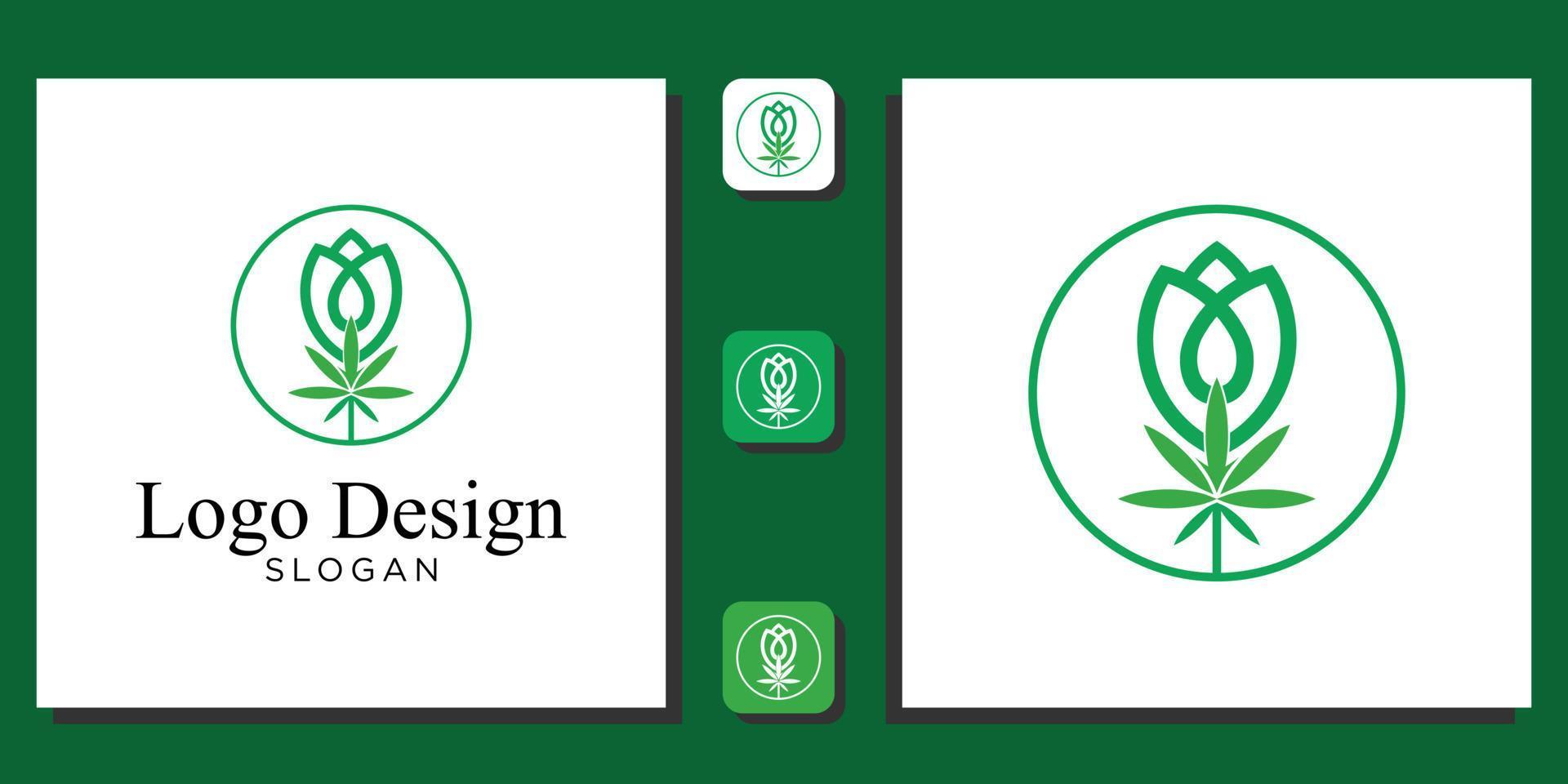 Logo-Design Symbol Kombination Tulpe Blume Blüte Cannabis Blatt grün mit App-Vorlage vektor