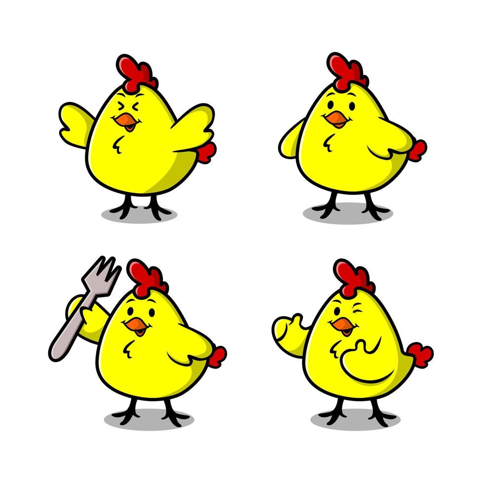 Küken-Maskottchen-Set. lustige Hühnervektorillustration. vektor