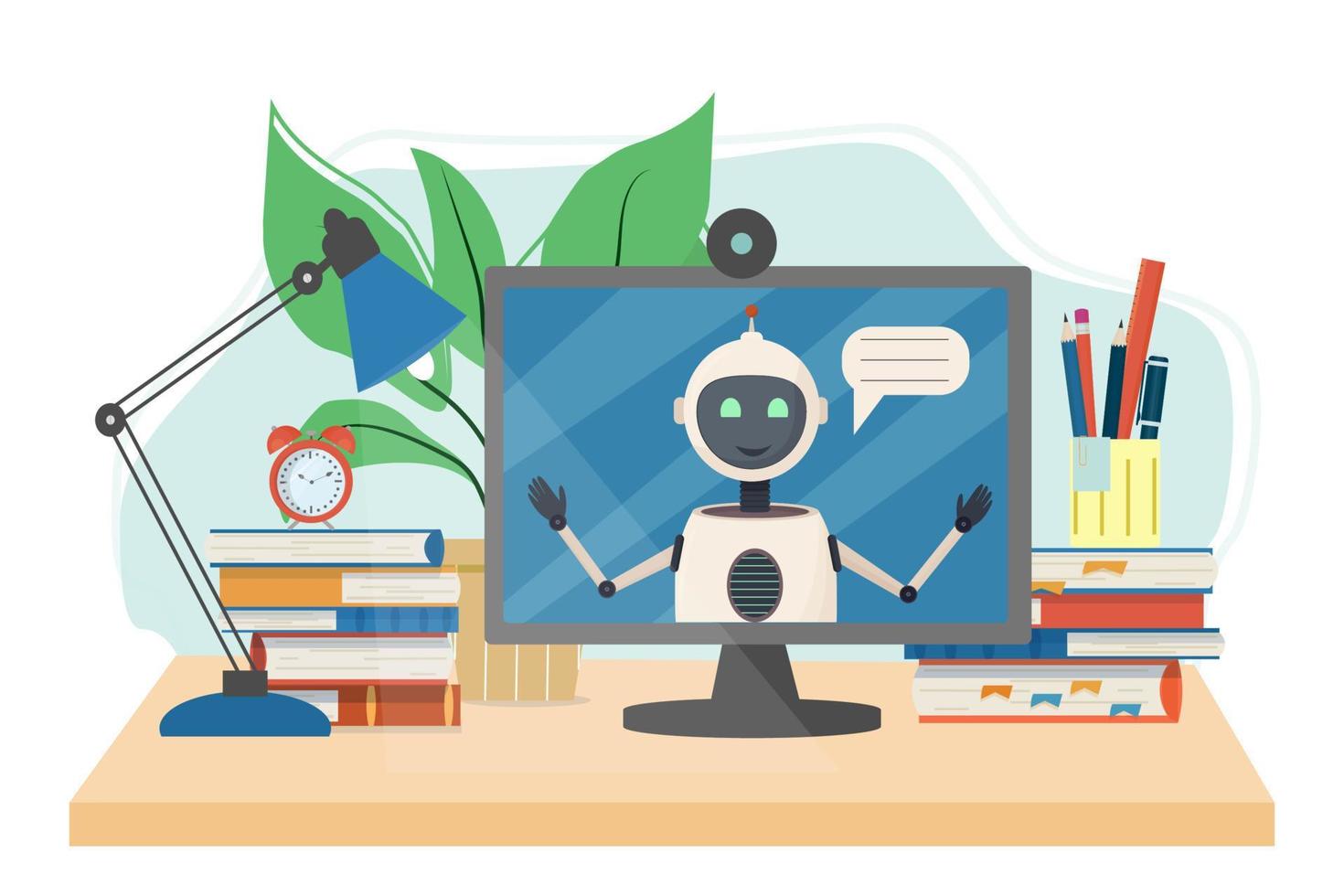 Arbeitsplatz für Online-Kurse, E-Learning, Bildung mit Büchern, Alarm, Monitor mit Roboter isoliert auf weißem Hintergrund Stock Vector Illustration. Studienkonzept im flachen Stil.