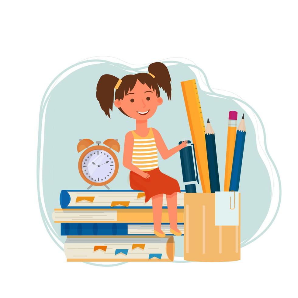 Komposition mit sitzendem Mädchen, Kind, Büchern, Kugelschreiber, Bleistift, Lineal, Alarm isoliert auf weißem Hintergrund Vektor-Illustration. positiv hell im flachen stil. E-Learning, Online-Bildungskonzept vektor