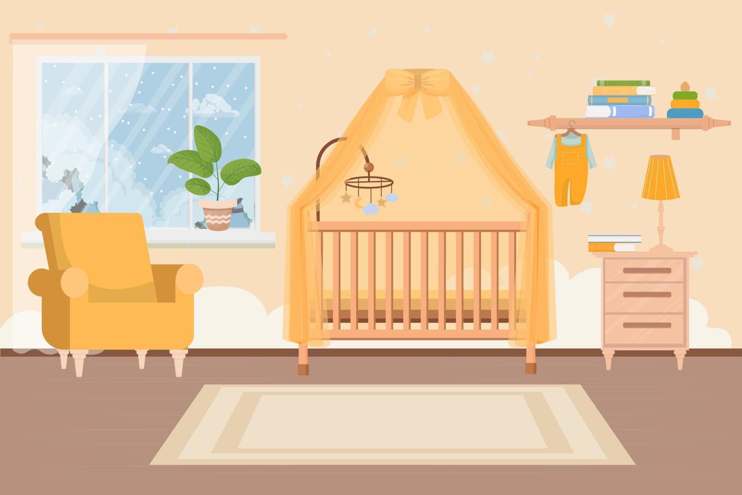 elegantes, modernes, komfortables Baby-Kleinkind-Schlafzimmer, Rauminnenraum. Babybett, Stuhl, Tisch und Regal. Wand mit Dekorationen. . Vektor-Illustration vektor