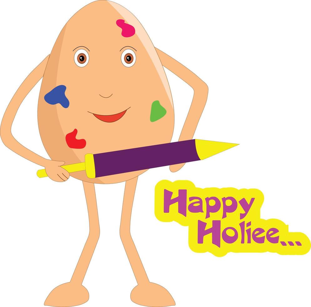 lustiger indischer Ei-Cartoon, der indisches Festival Holi spielt und fröhliche Holi-Vektorillustration sagt vektor