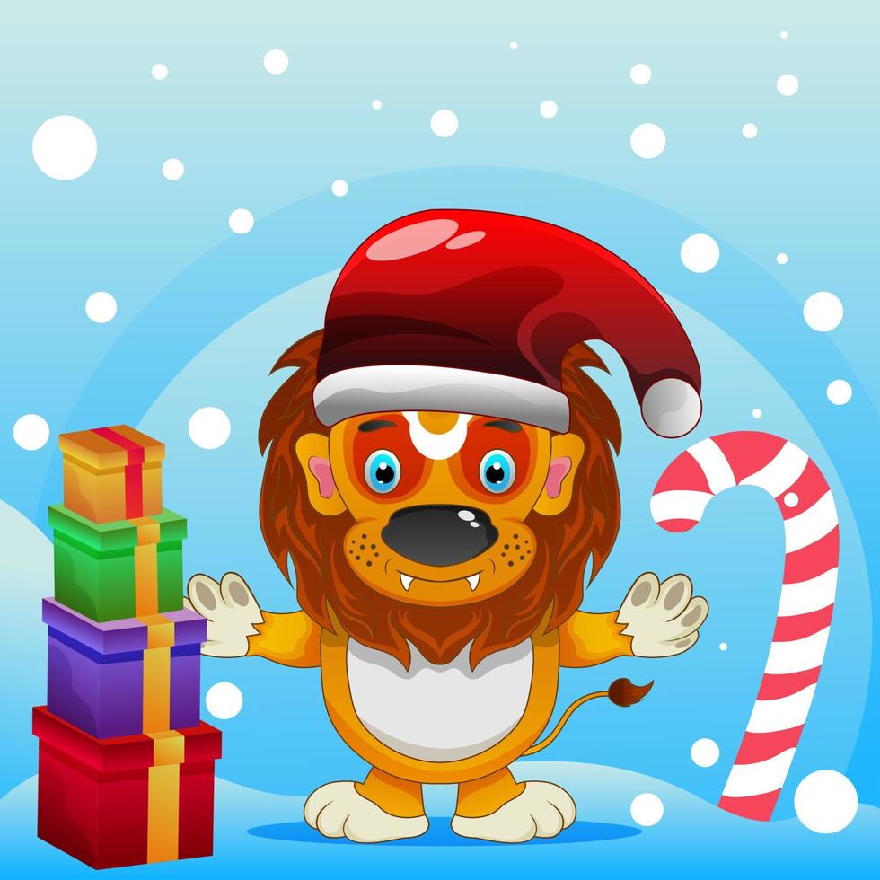 Löwenfreie Weihnachtskarte mit Tieren, handgezeichneter Stil. vektorweihnachtsillustration mit schneelandschaftsverzierung und netten tieren vektor